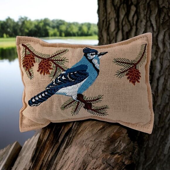 Embroidered Blue Jay MINI Pillow Sachet Farmhouse Cottage Bird Country Cabin - Picture 11 of 15